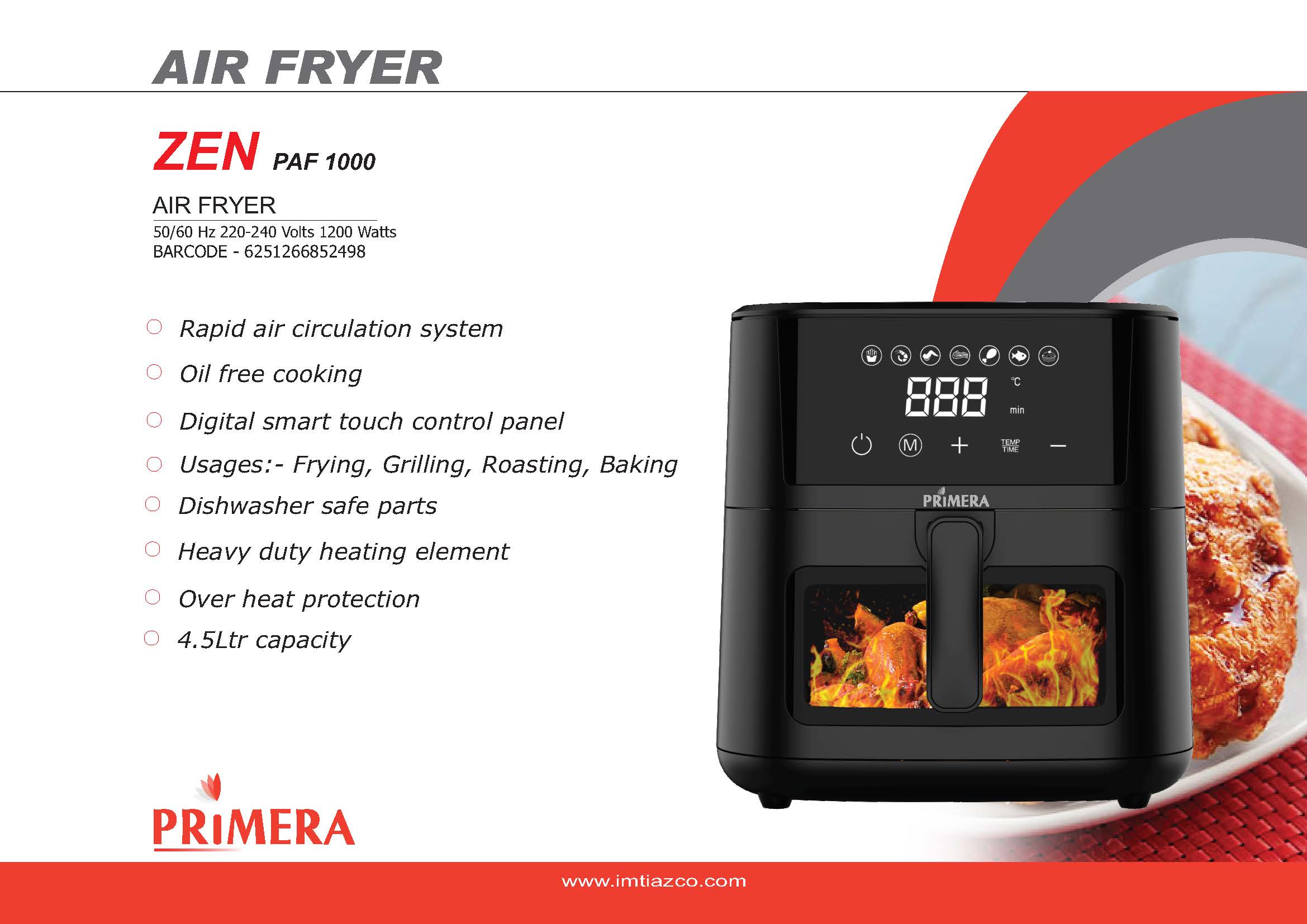 PRIMERA Air Fryer 4.5Ltrs Digital Samrt Touch