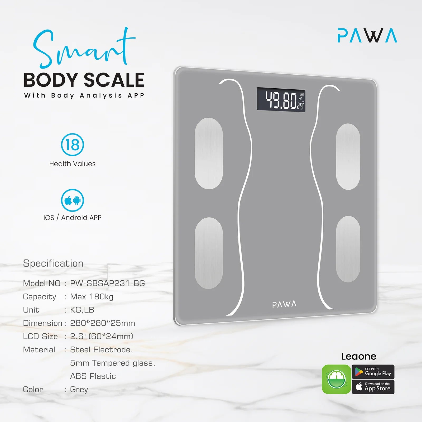 Pawa Smart Body Scale with Body Analysis APP - Grey