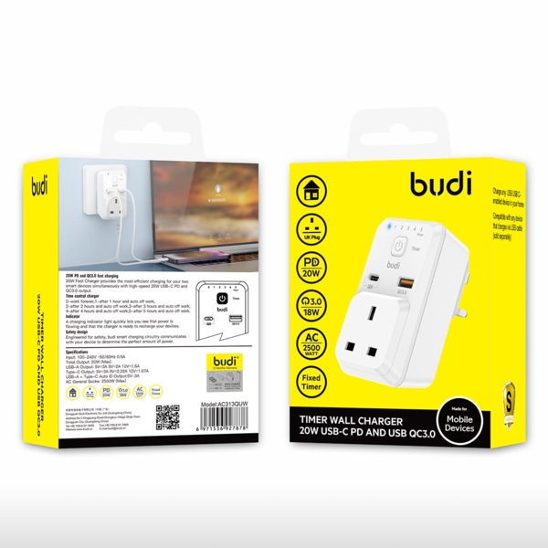 Budi 20W Timer Home Charger (USB-C + USB-A) With Ac Socket