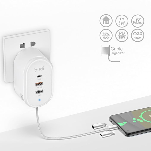 Budi 32W Power Hub W/ Dual USB-A /USB-C Ports & Retractable Cables