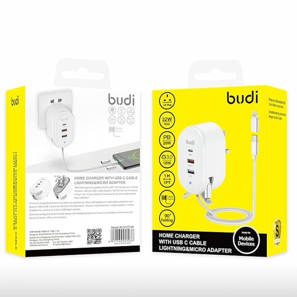 Budi 32W Power Hub W / Dual USB-A / USB-C منافذ الكابلات القابلة للسحب