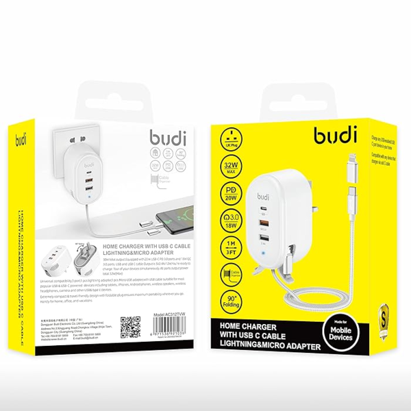 Budi 32W Power Hub W/ Dual USB-A /USB-C Ports & Retractable Cables