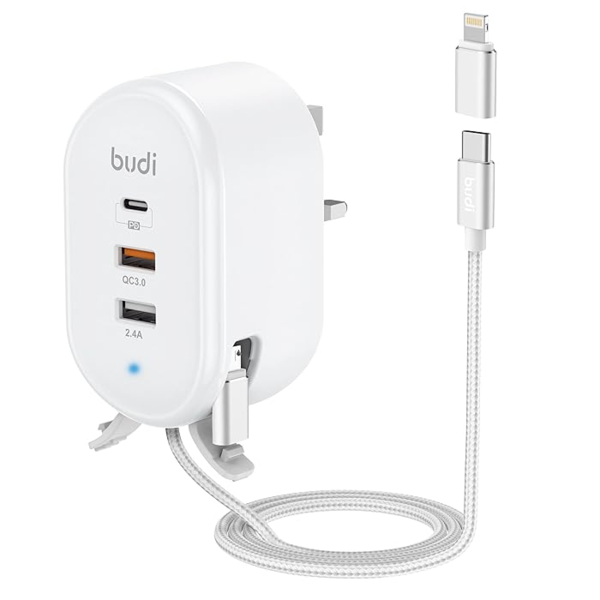 Budi 32W Power Hub W / Dual USB-A / USB-C منافذ الكابلات القابلة للسحب