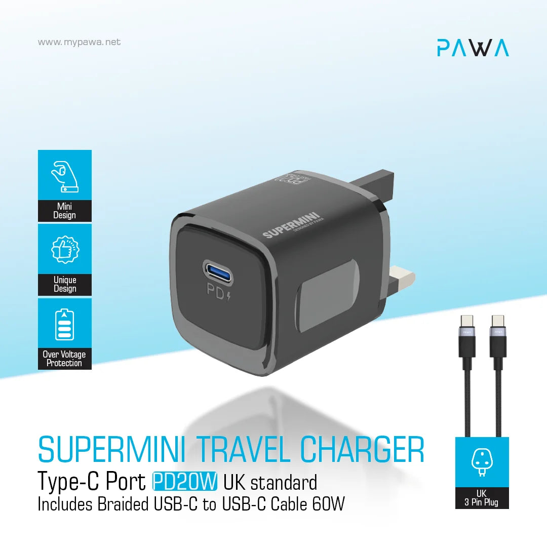 Pawa Supermini Travel Charger Type-C Port PD20W UK Standard / Braided Type-C Cable