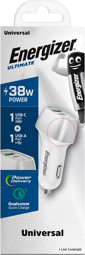 Energizer 38W Car Charger/ PD-QC/ Output - 1 x USB-C & 1 x USB-A/ White-Silver