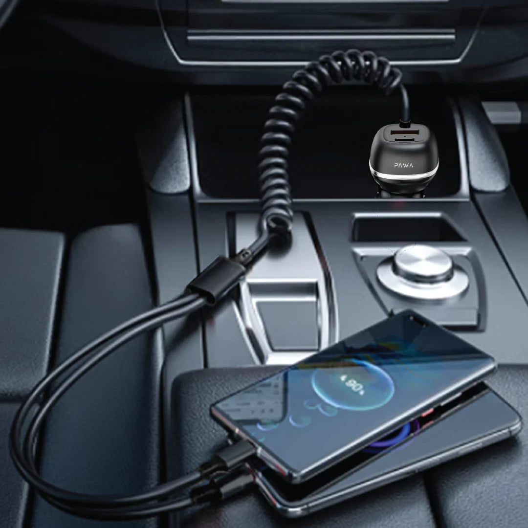 Pawa Solid Car Charger Dual Port PD+QC With Usb-C And Lightning Built-In Cable 68W