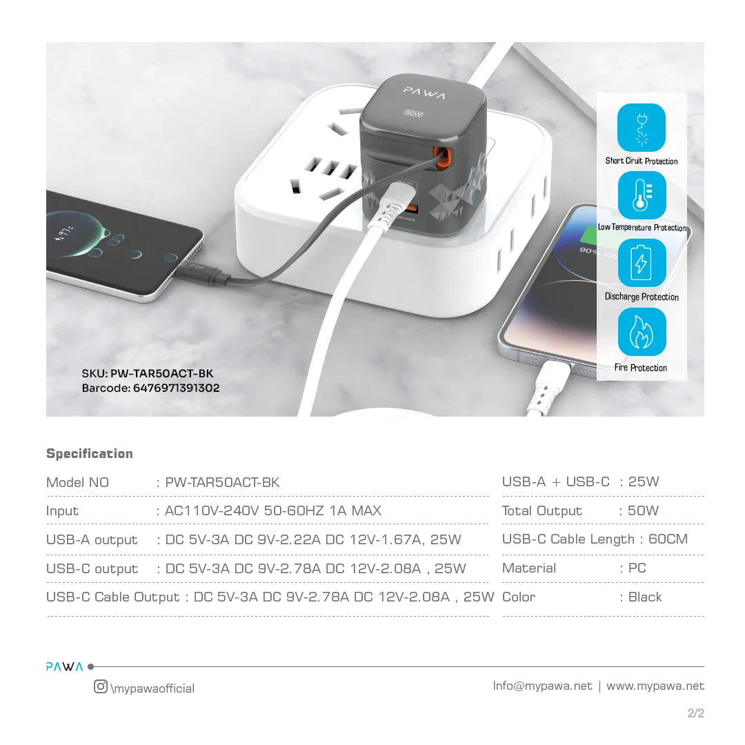Pawa Retro 50W UK Charger With Retractable Cable - Black