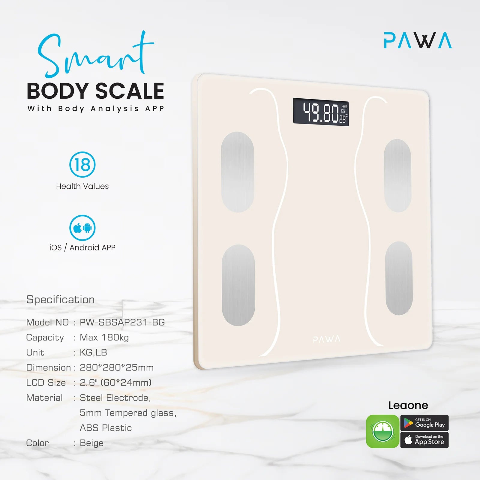 Pawa Smart Body Scale with Body Analysis APP - Beige