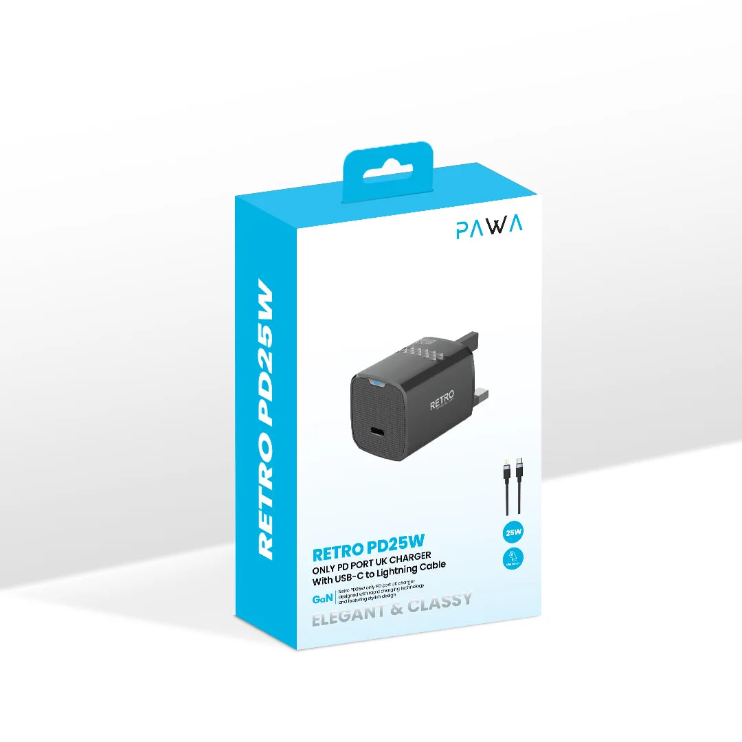 Pawa Retro 25W With Type-C Port Uk Plug With Type-C To Lightning Cable -Black