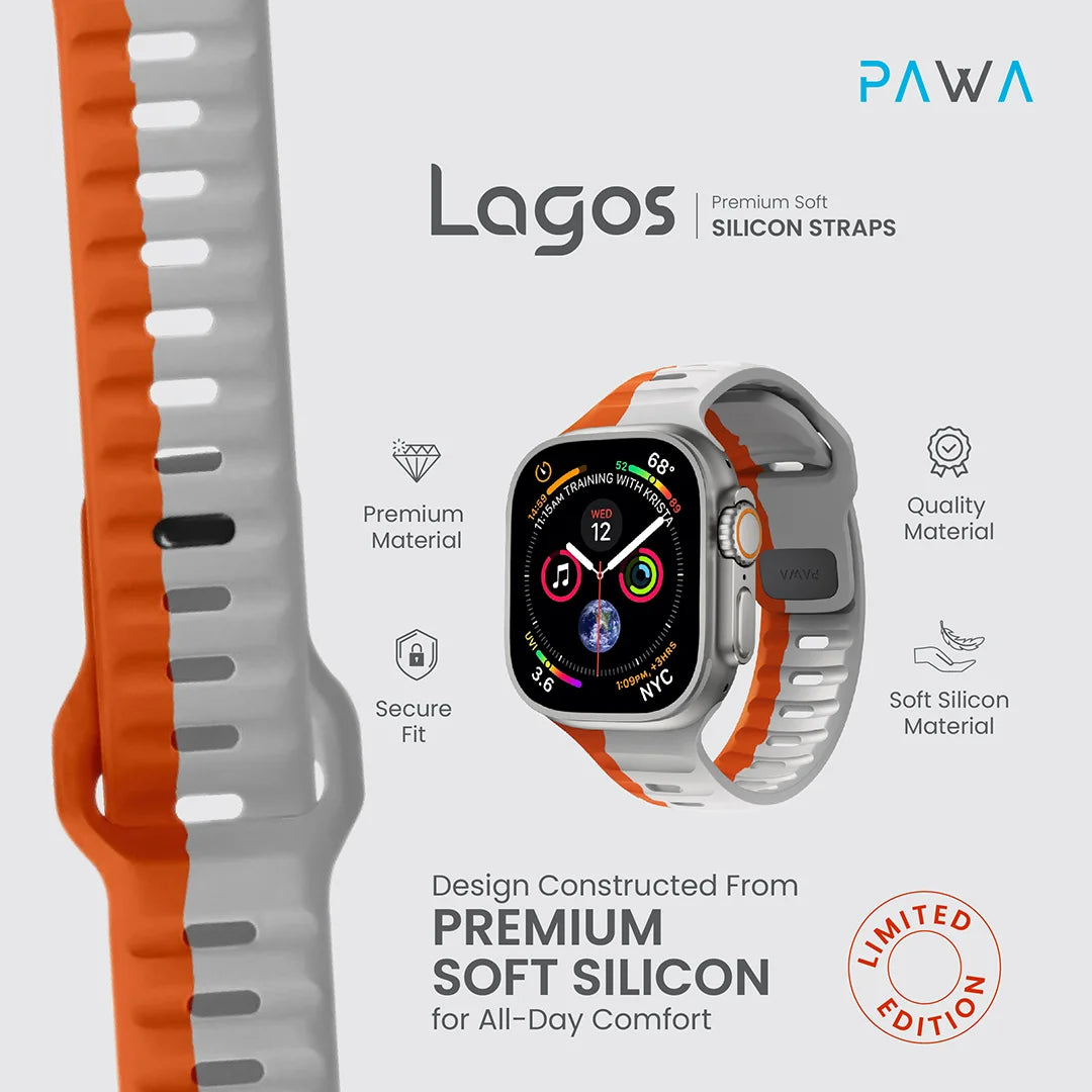 Pawa Lagos Limited Edition Premium Soft Silicon Strap 45/49MM - Grey/Orange
