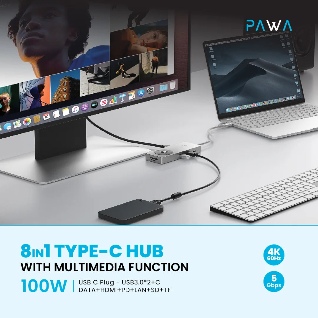 Pawa 8IN1 Type-C Hub With Multimedia Function PD100W.