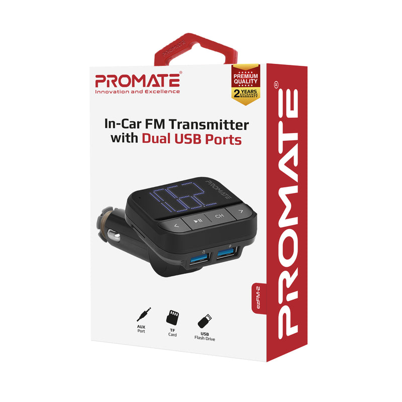 Promate Wireless In-Car FM Transmitter with Dual USB - Black - TJR6OVJ