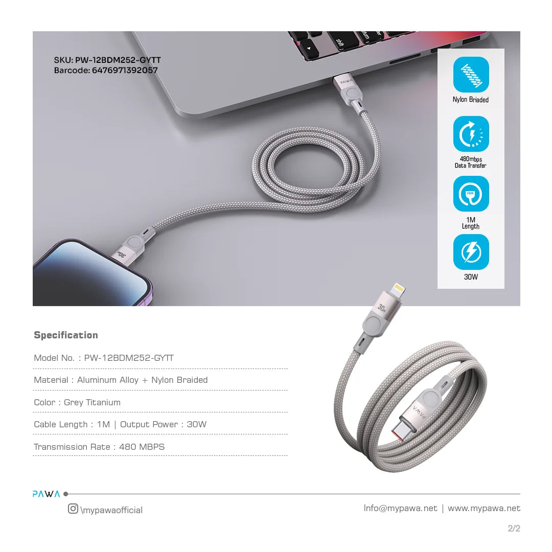 Pawa Levin Magnetic Braided USB-C To Lightning Cable 1M 30W - Grey Titanium