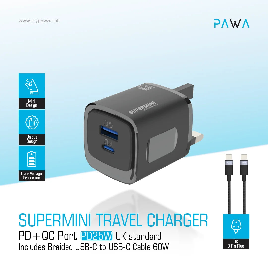 Pawa Supermini Travel Charger PD+QC Port 25W UK Standard /Braided Type-C Cable