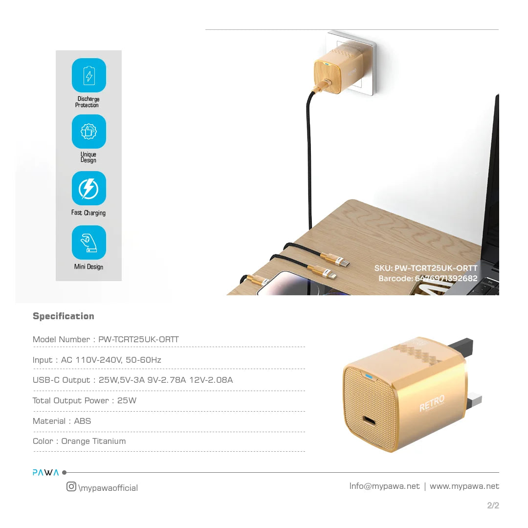 Pawa Retro 25W With Type-C Port Uk Plug - Orange
