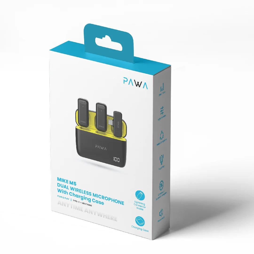 Pawa Mike M5 Dual Wireless Microphone With Charging Case.