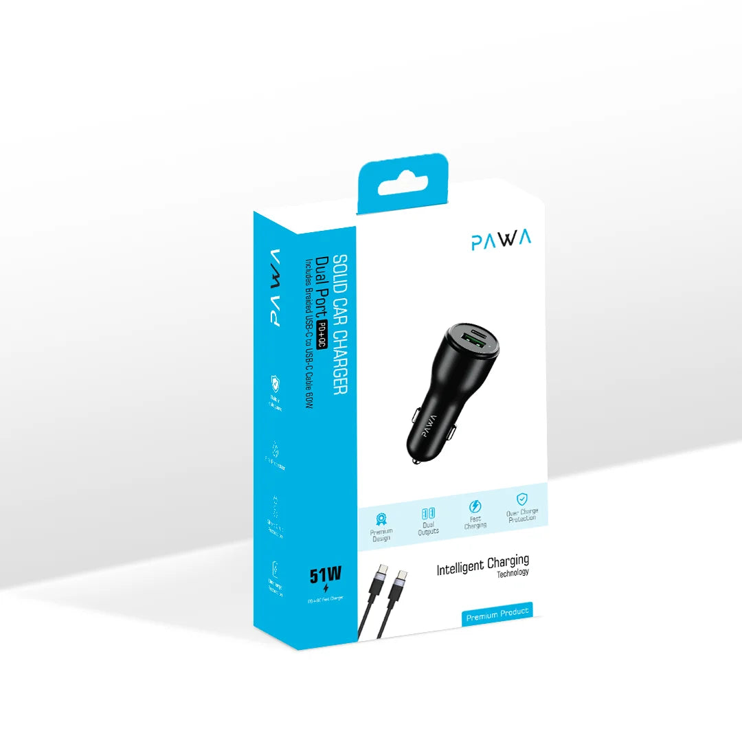 Pawa Solid Car Charger Dual Port PD+QC 51W With Braided Type-C To Type-C Cable
