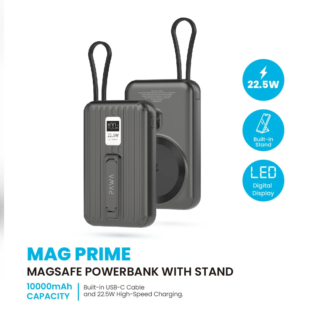 Pawa Mag Prime Magsafe Powerbank with Stand and Built in cable