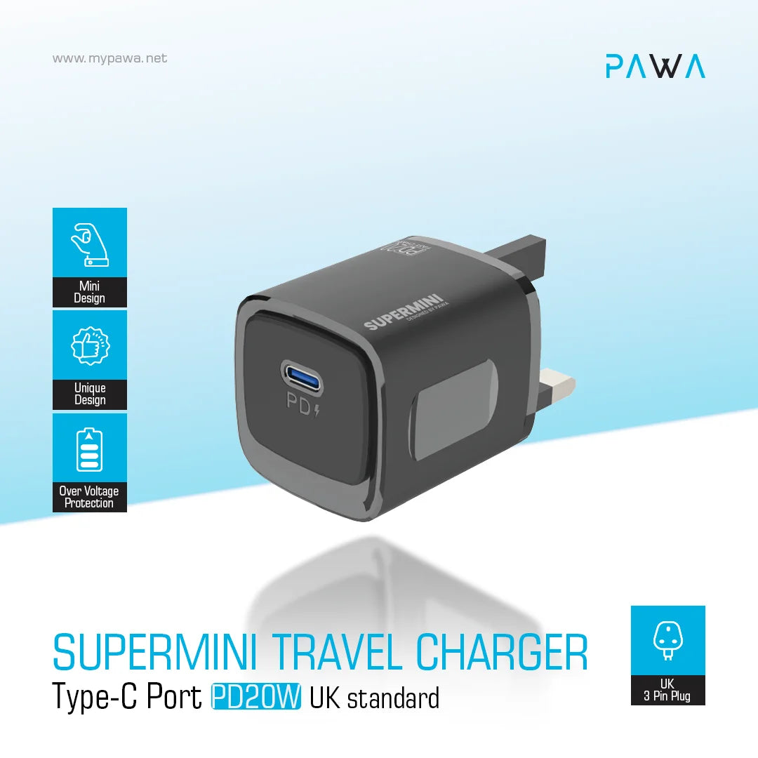 Pawa Supermini Travel Charger Type-C Port PD 20W UK Standard