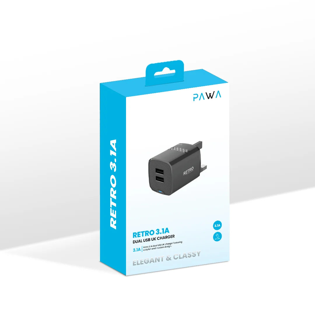 Pawa Retro 3.1A Dual Usb Travel Adapter With Uk Plug - Black