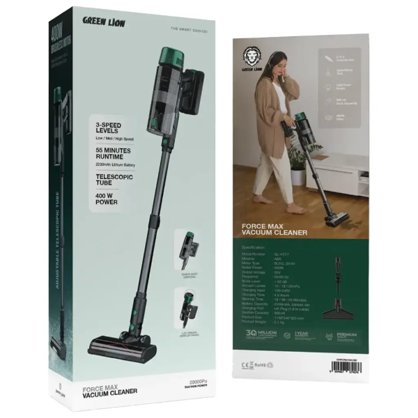 Green Lion Force Max Vacuum Cleaner Cordless 400W 29000Pa - Black