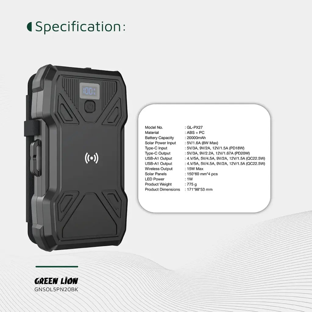 Green Lion Solar 5 -Panel 20000Mah Powerbank Pd20W - Black(990478100336)