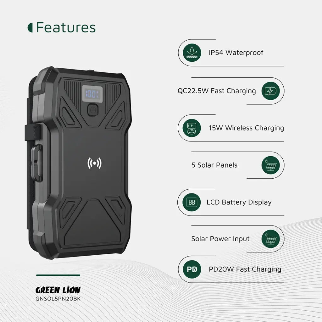 Green Lion Solar 5 -Panel 20000Mah Powerbank Pd20W - Black(990478100336)