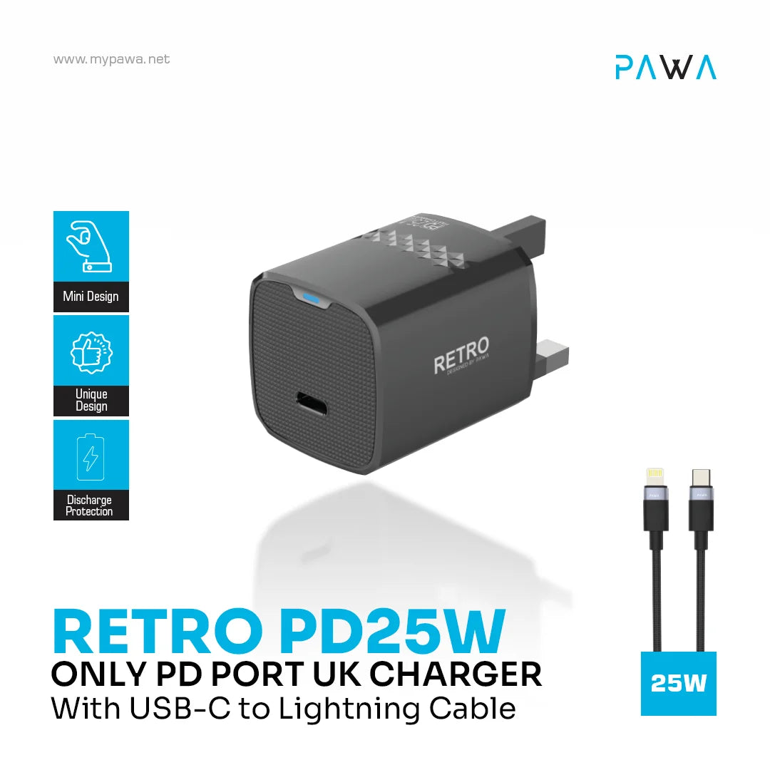 Pawa Retro 25W With Type-C Port Uk Plug With Type-C To Lightning Cable -Black