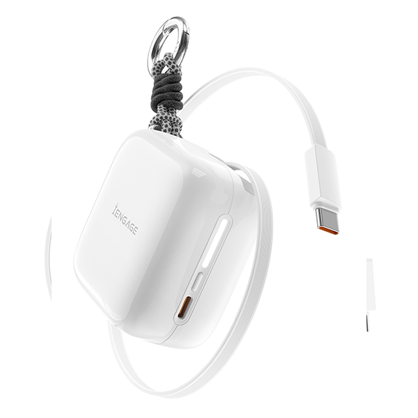 iEngage Portable 10000 mAh Powerbank Bank With Retractable Cable 40W (White)