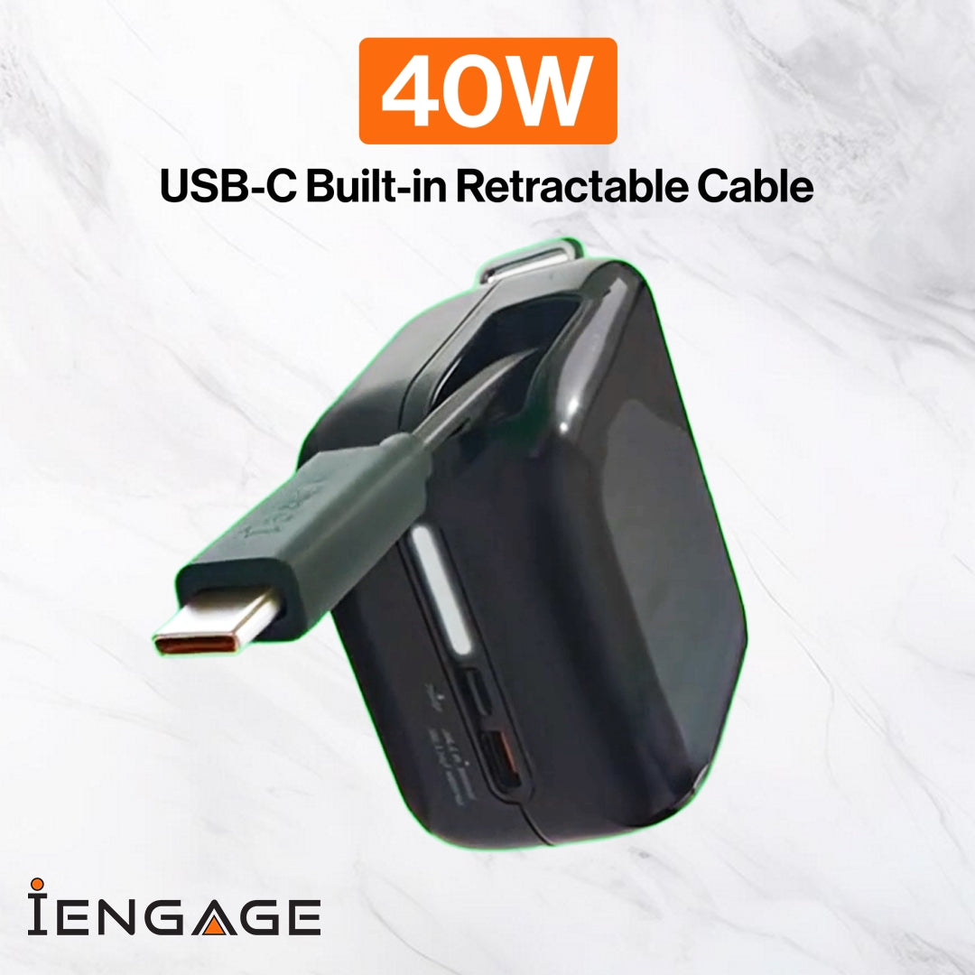 iEngage Portable 10000 mAh Powerbank Bank With Retractable Cable 40W (White)