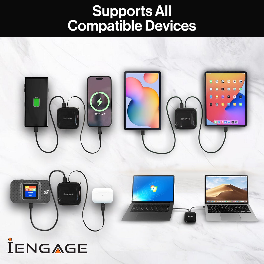 iEngage Portable 10000 mAh Powerbank Bank With Retractable Cable 40W (White)