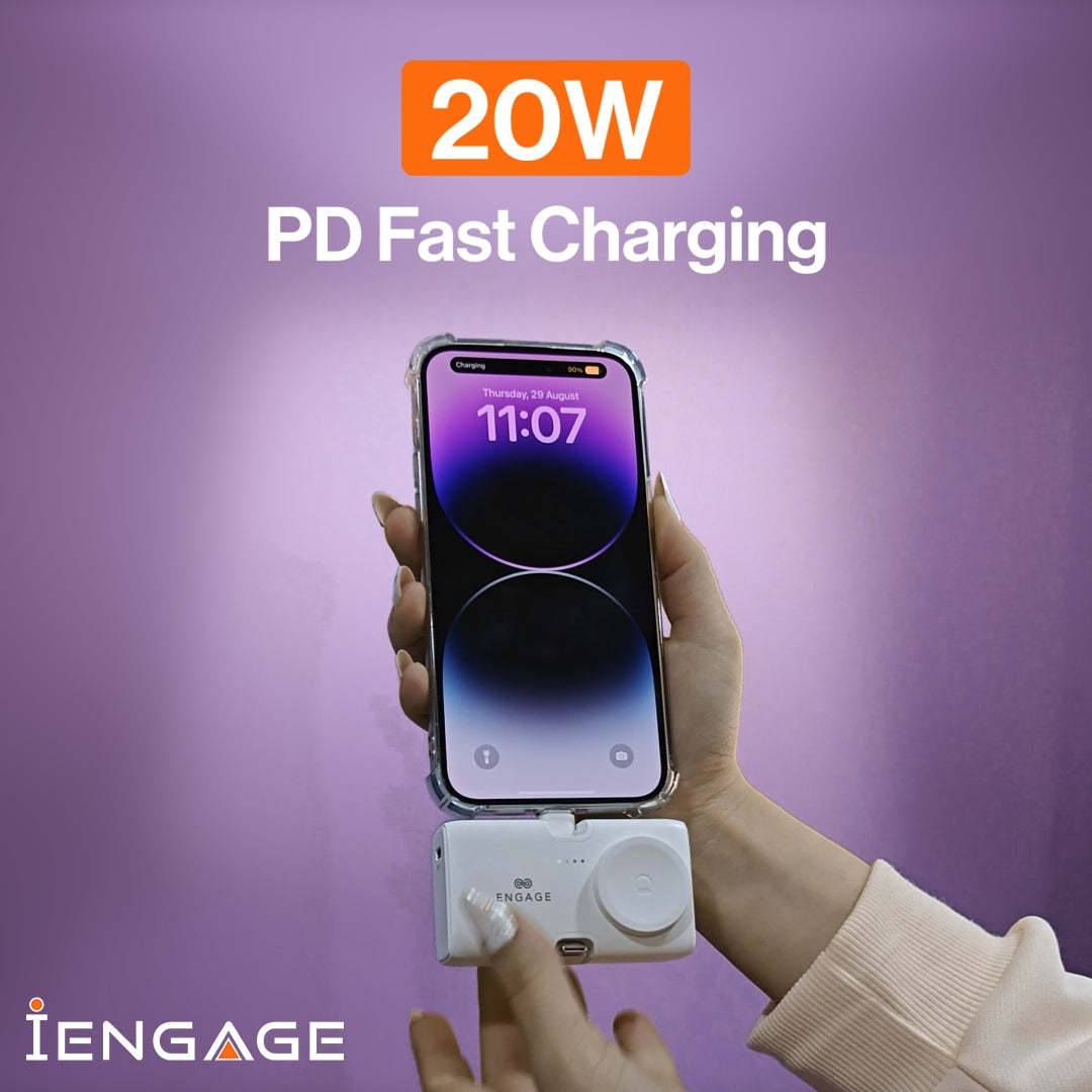 iEngage Portable Dual Port Lightning/Usb-C & Watch Charging Powerbank(5000Mah)-White