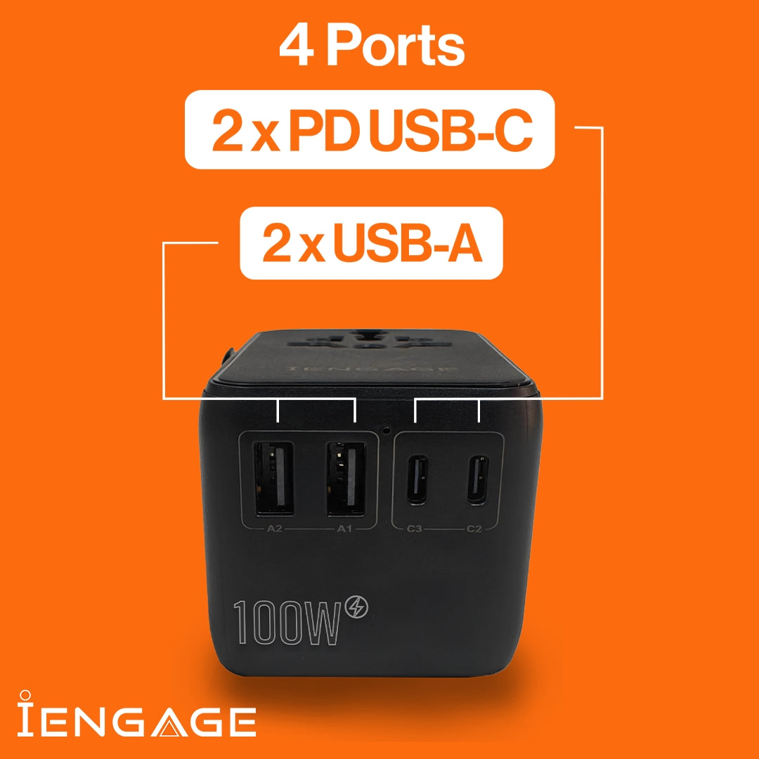 Iengage 100W Universal Travel Adapter DualusB-C & A Ports/USB-C CBL