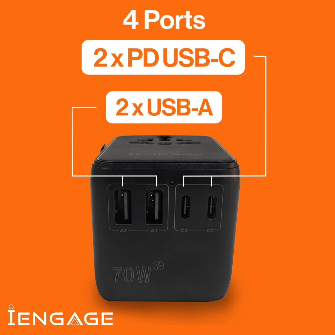 INGAGE 70W Universal Travel Adapter (2x USB-C/A المنافذ) (كابل USB-C القابل للسحب)
