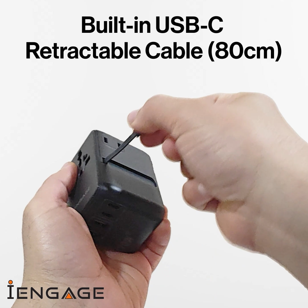 INGAGE 70W Universal Travel Adapter (2x USB-C/A المنافذ) (كابل USB-C القابل للسحب)