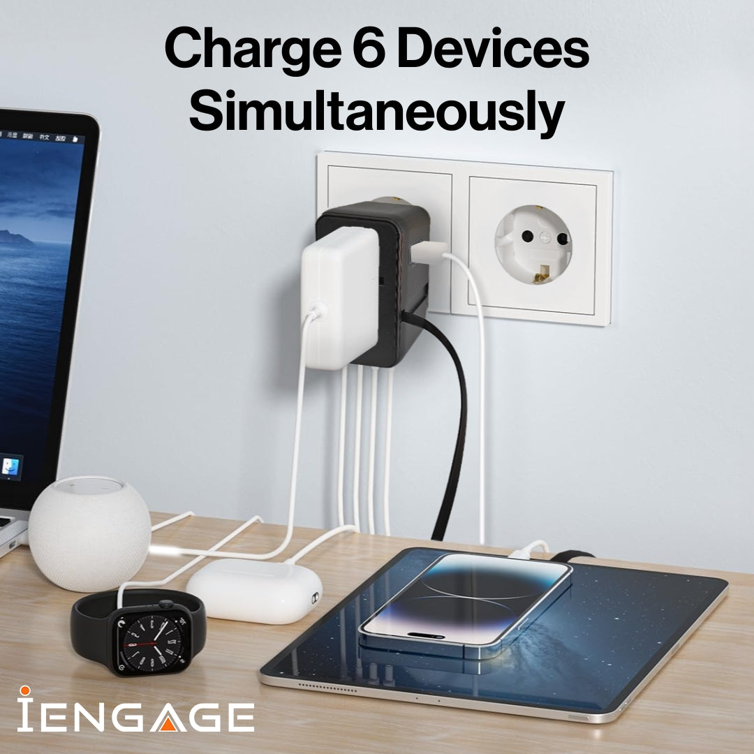 INGAGE 70W Universal Travel Adapter (2x USB-C/A المنافذ) (كابل USB-C القابل للسحب)