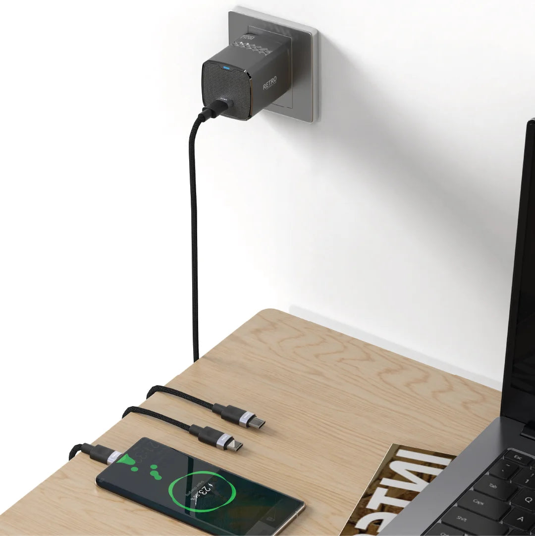 Pawa Retro 25W With Type-C Port Uk Plug With Type-C To Type-C Cable - Black