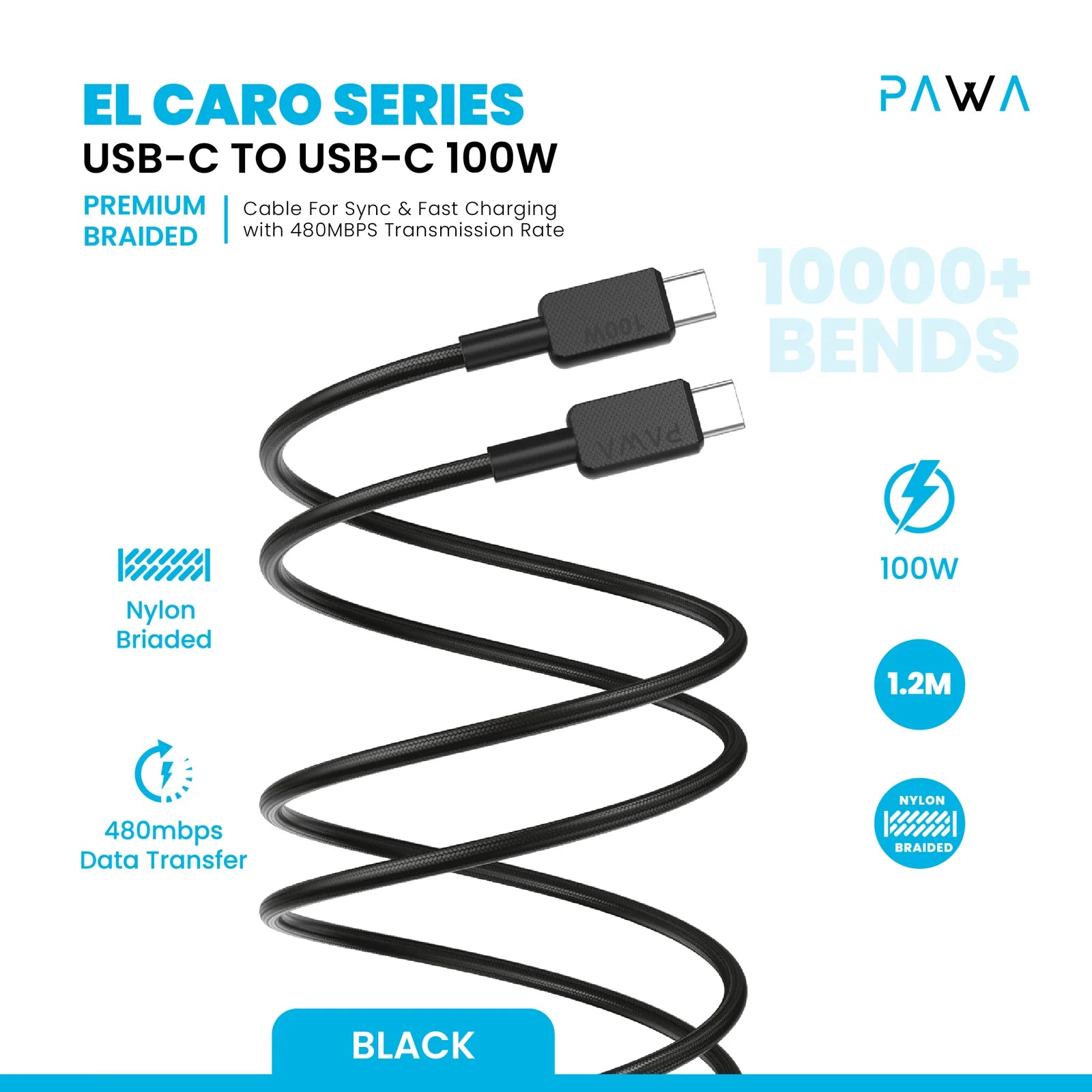 Pawa El-Caro Premium Braided Cable USB-C To USB-C 100W 1.2M - Black