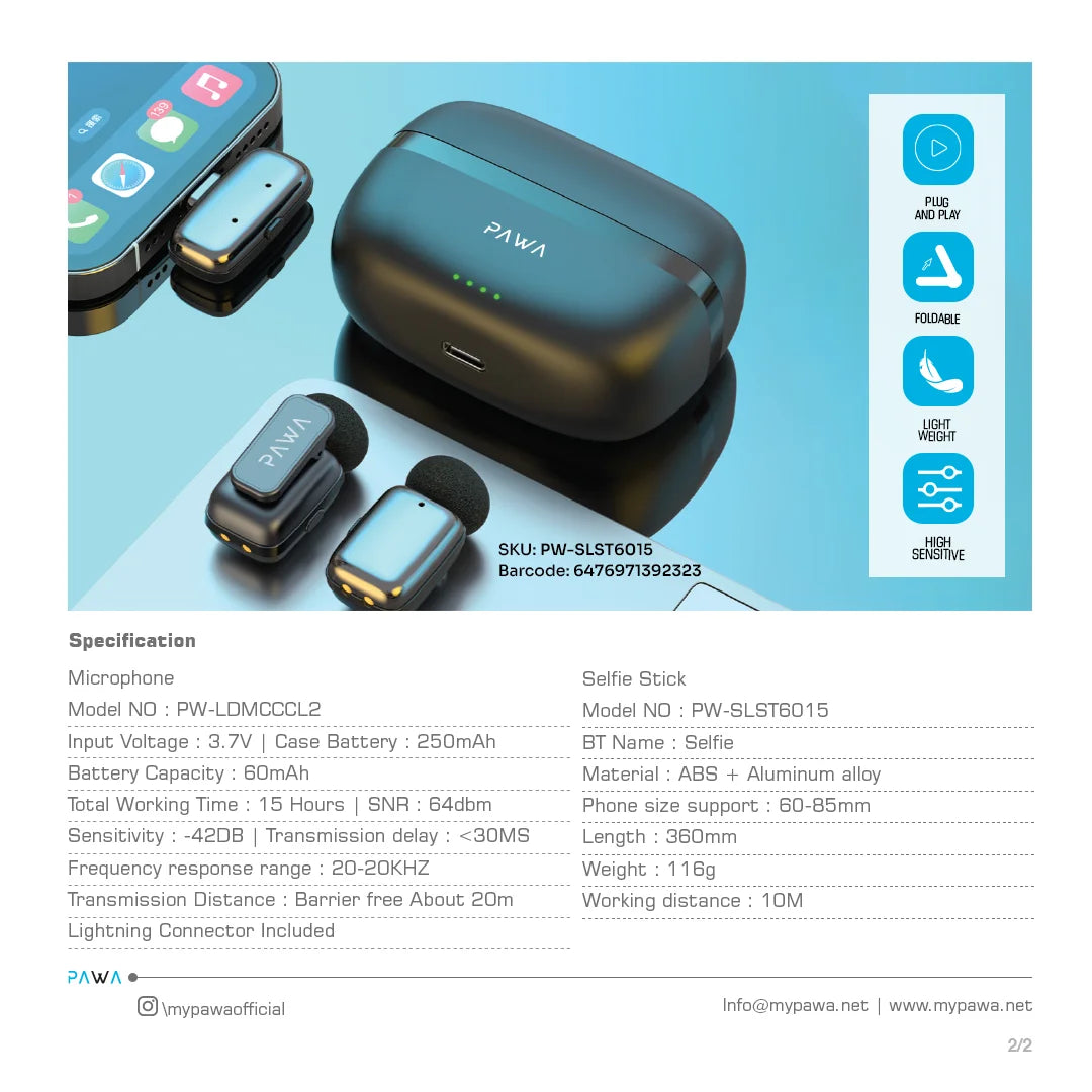 Pawa Travel Vlogging kit with Microphone & Selfie stick