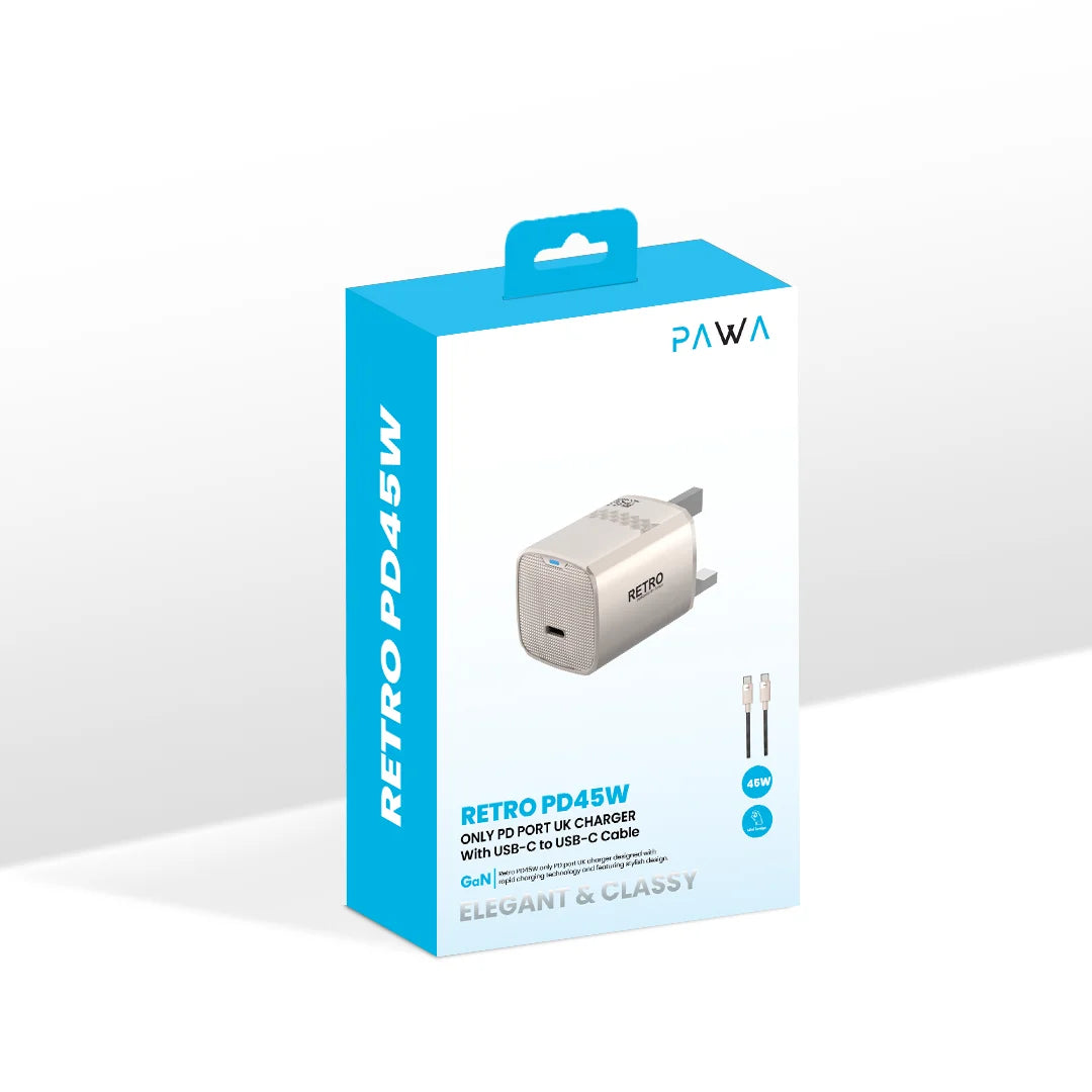 Pawa Retro 45W With Type-C Port Uk Plug With Type-C To Lightning Cable - Titanium