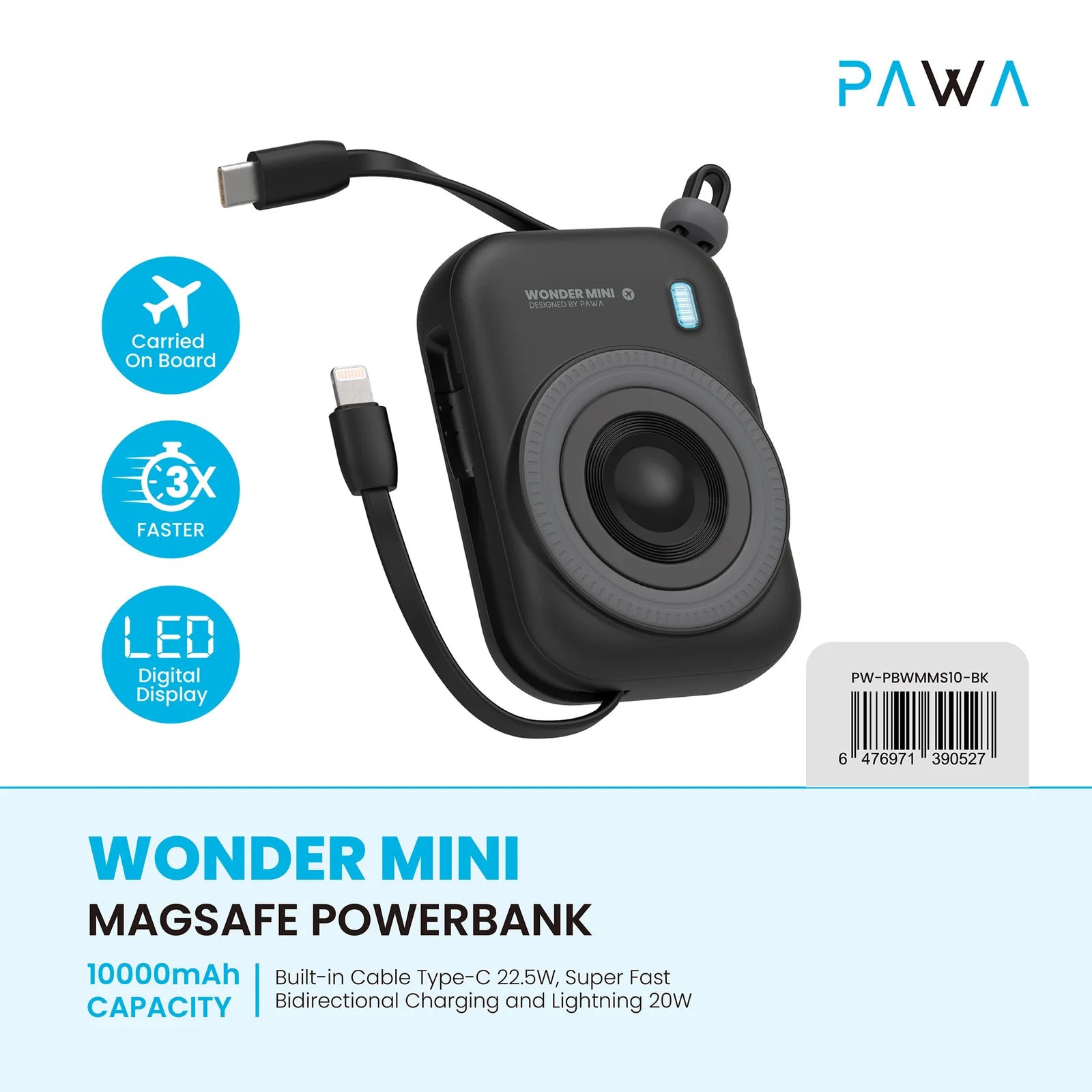 Pawa WonderMini Magsafe Powerbank 22.5W-Built-in Charging USB- Lightning- Black