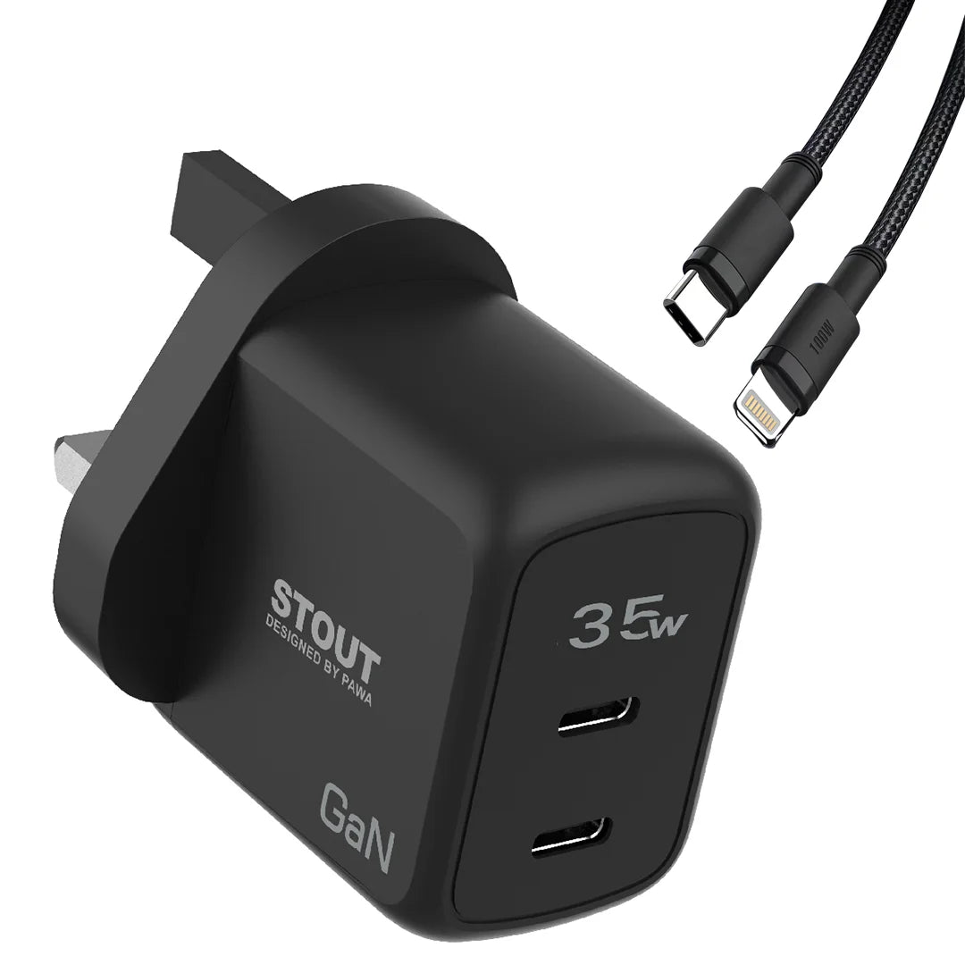 Pawa Stout Gan Travel Charger With Dual PD port 35W / Braided Ty-C to Lightning Cable