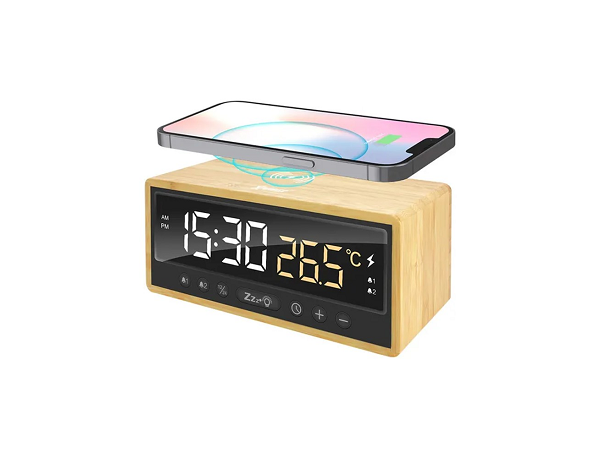 XPOWER QIC5 4 In 1 Bamboo Alarm Clock With 15W Wireless Charger - Brown