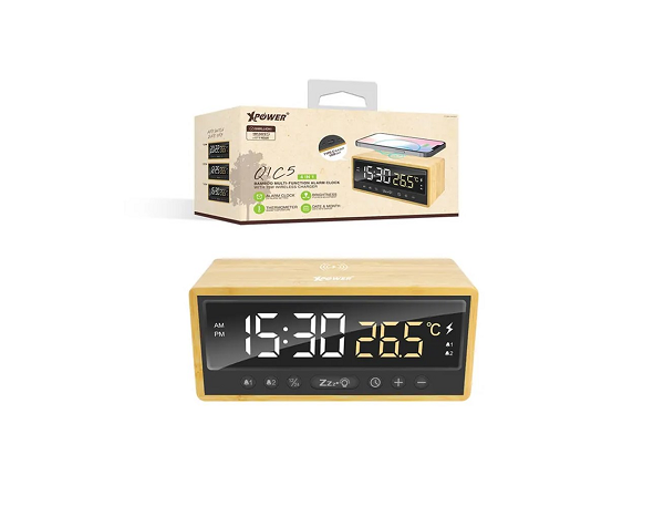 XPOWER QIC5 4 In 1 Bamboo Alarm Clock With 15W Wireless Charger - Brown