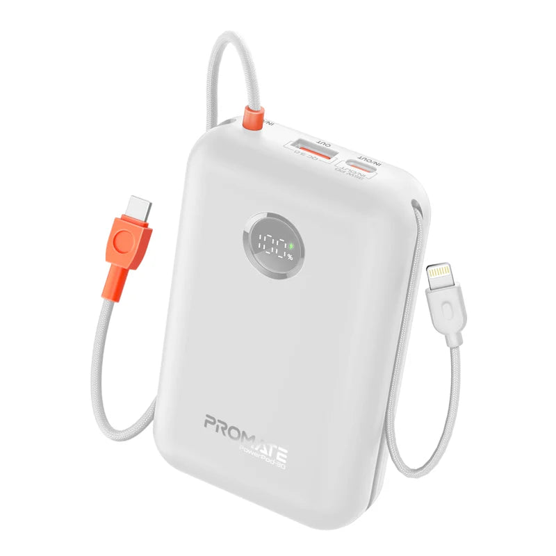 Promate 30000mAh Ultra Compact 35W SuperSpeed™ Power Bank-Cable White