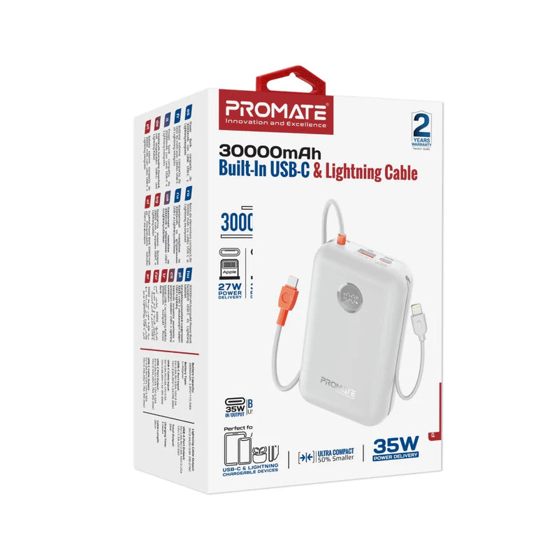 Promate 30000mAh Ultra Compact 35W SuperSpeed™ Power Bank-Cable White
