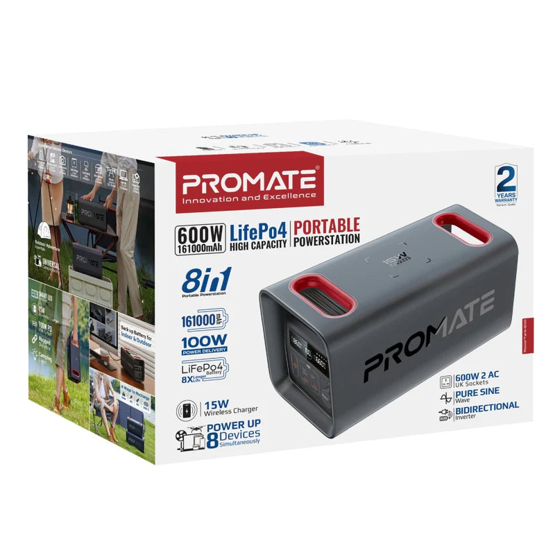 Promate 600W/161000mAh LiFePO4 High-Capacity Portable Power Station