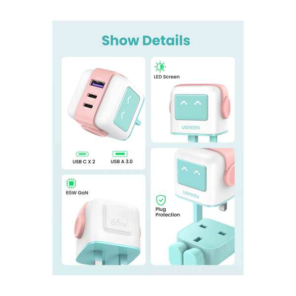 Ugreen Nexode 65W 3 -Port Gan Fast Charger -pint Blue
