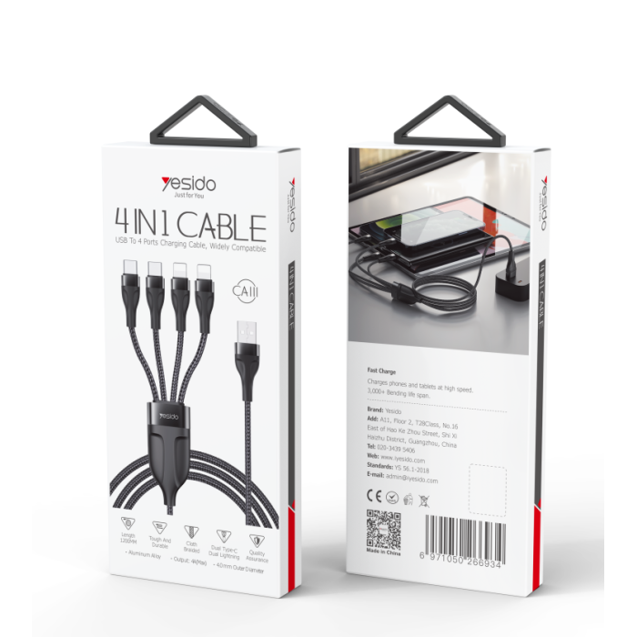 Yesido Ca111 1.2M 2.4A 4In1 Usb To 2Type-C + 2Lightning Cable