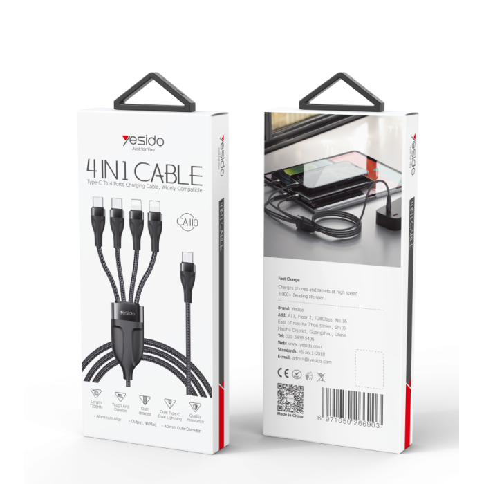 Yesido Ca110 1.2M 4A Pd To 2Type-C+2Ip Charging Cable